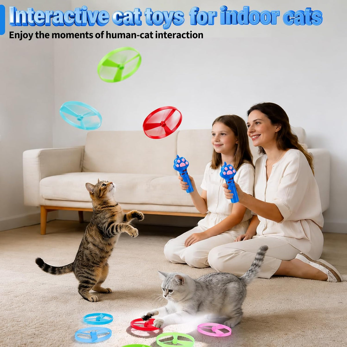 BABORUI Cat Toy Disc Launcher, Rechargeable Interactive Cat Fetch Toy Launcher with 8 Flying Discs, Flying Enrichment Toys for Indoor Bored Kittens & Adult Cats (Blue)