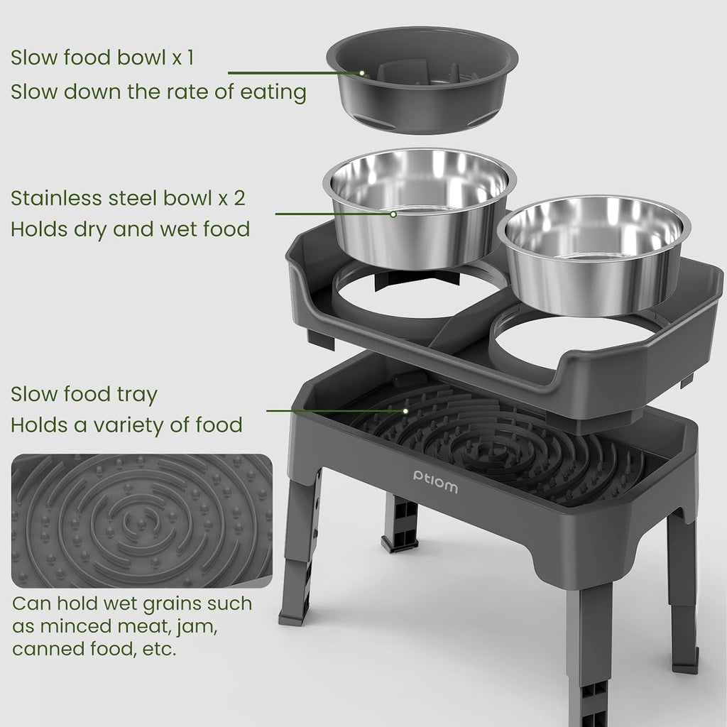 4-in-1 Elevated Slow Feeder Dog Bowls, 4 Height Adjustable Mess Proof Raised Dog Bowl Stand with Licking Plate, 2 Stainless Steel Dog Food Bowl & Slow Feeder for Large Medium Small Dogs Pets