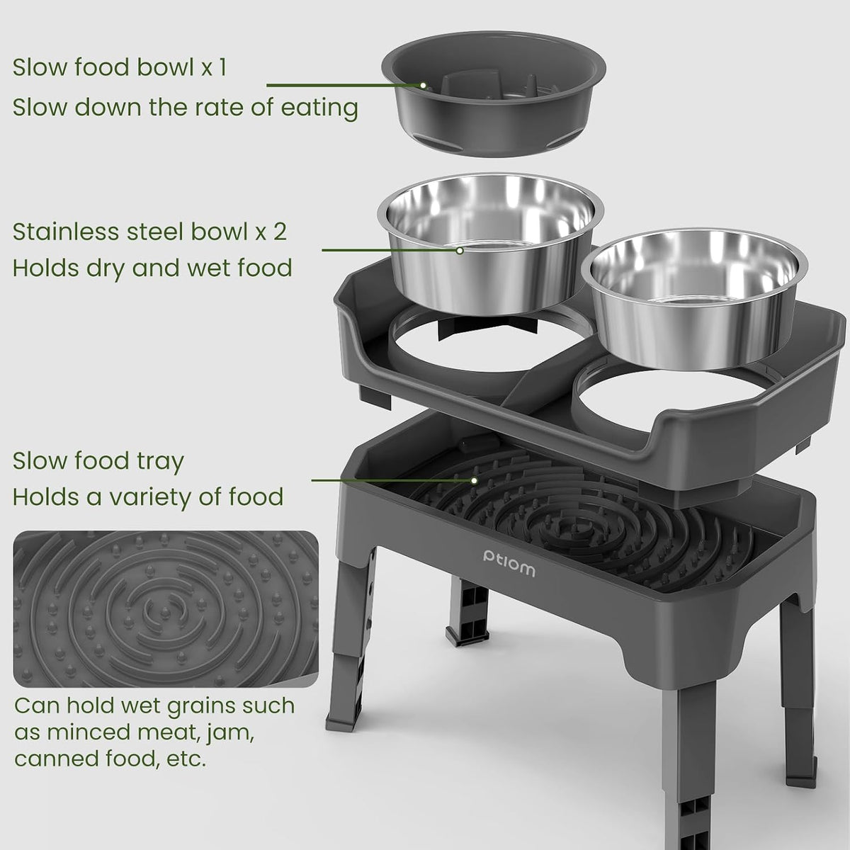 4-in-1 Elevated Slow Feeder Dog Bowls, 4 Height Adjustable Mess Proof Raised Dog Bowl Stand with Licking Plate, 2 Stainless Steel Dog Food Bowl & Slow Feeder for Large Medium Small Dogs Pets