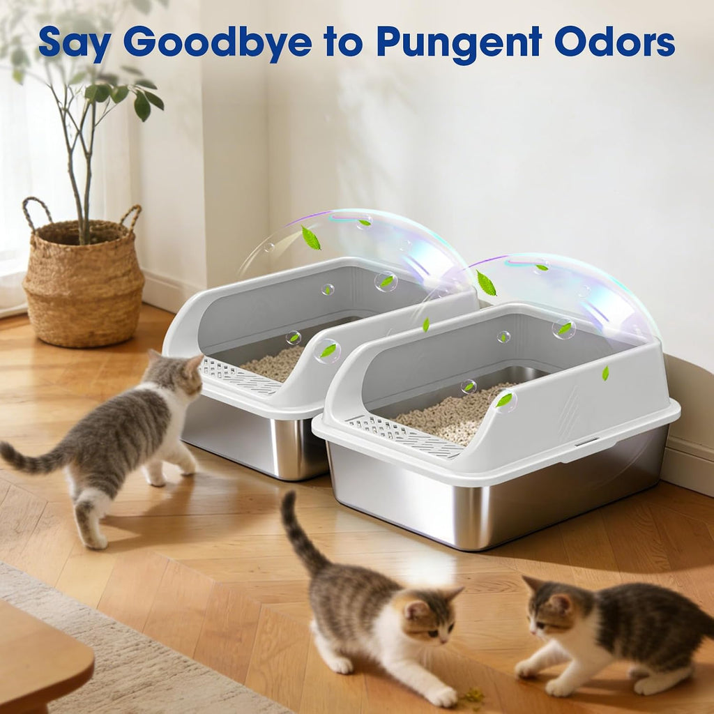 2 Pack Stainless Steel Litter Box with Lid, Kitten Metal Cat Litter Boxes High Sided Enclosed for Small Cat and Injured Cats Rabbit, Anti-Urine Leakage | Non-Stick Bottom & Includes Scoop