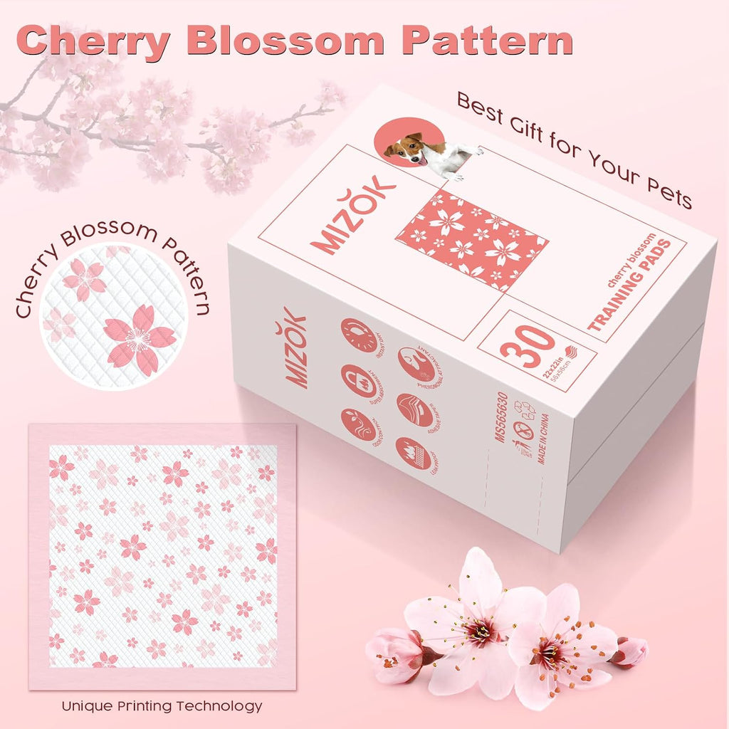 MIZOK Pink Puppy Pads with Adhesive Tabs Wee Wee Pads for Dogs 22x22in 30Ct | Cute Cherry Blossom Designs Feature Pheromone Attractant for Fast Training Small Dog Potty Pads Ideal for Female Puppy Needs