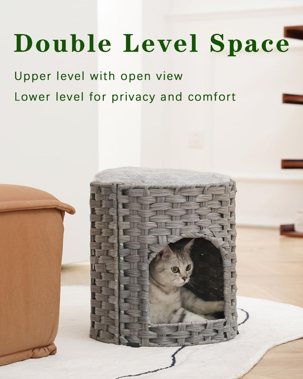 SETVSON Cat House for Indoor Cat, Small Handwoven PE Rattan Cave, Gray