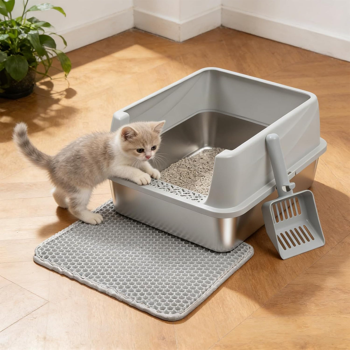Stainless Steel Litter Box for Kitten,Metal Litter Box with Lid S | Cat Litter Box High Sides,Small Cats,Open Design,Indoor,1-Mat and 1-Scoop,Easy to Clean, No Odor,Anti-Urine Leakage
