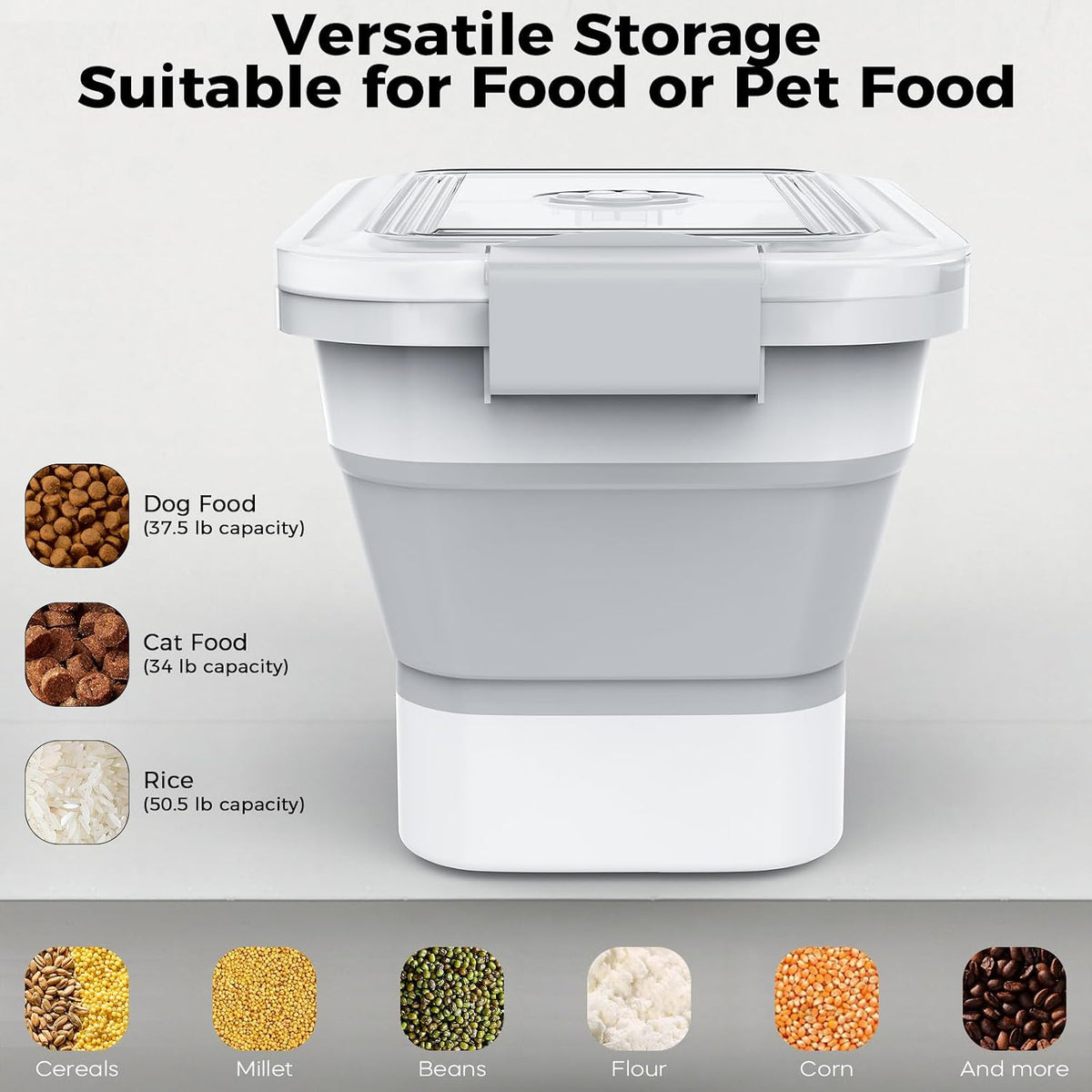10-13Lbs Airtight Dog Food Storage Container,Collapsible Dog Food Container | Clear Pet Food Storage Container with Double Airtight Seal for Freshness,Cat Food Container One-handed Open,Save Space,Scoop