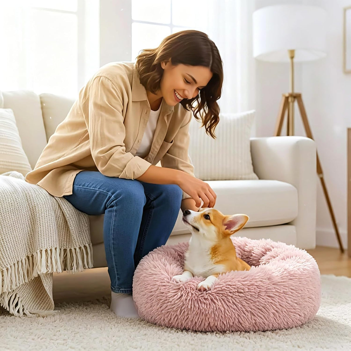 Calming Large Donut Dog and Cat Bed, Anti-Anxiety Round Soft Fluffy Plush Faux Fur Washable Anti-Slip Pet Bed for Medium Dogs Up to 35 lbs 28in Pink