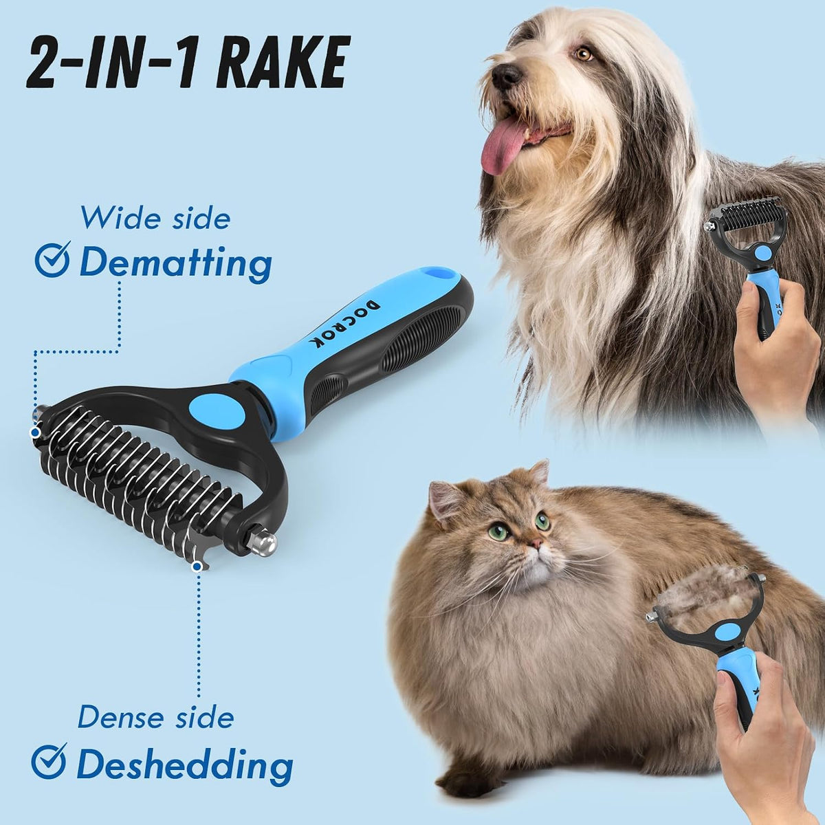 Docrok Pet Grooming Combo - Blue Deshedding Brush with Metal Comb for Detangling and Dematting Long, Matted Fur on Cats and Dogs | Dematting Deshedding Undercoat Rake, Cat Brush Dog Brush Shedding Tool for Long Matted Haired Pets