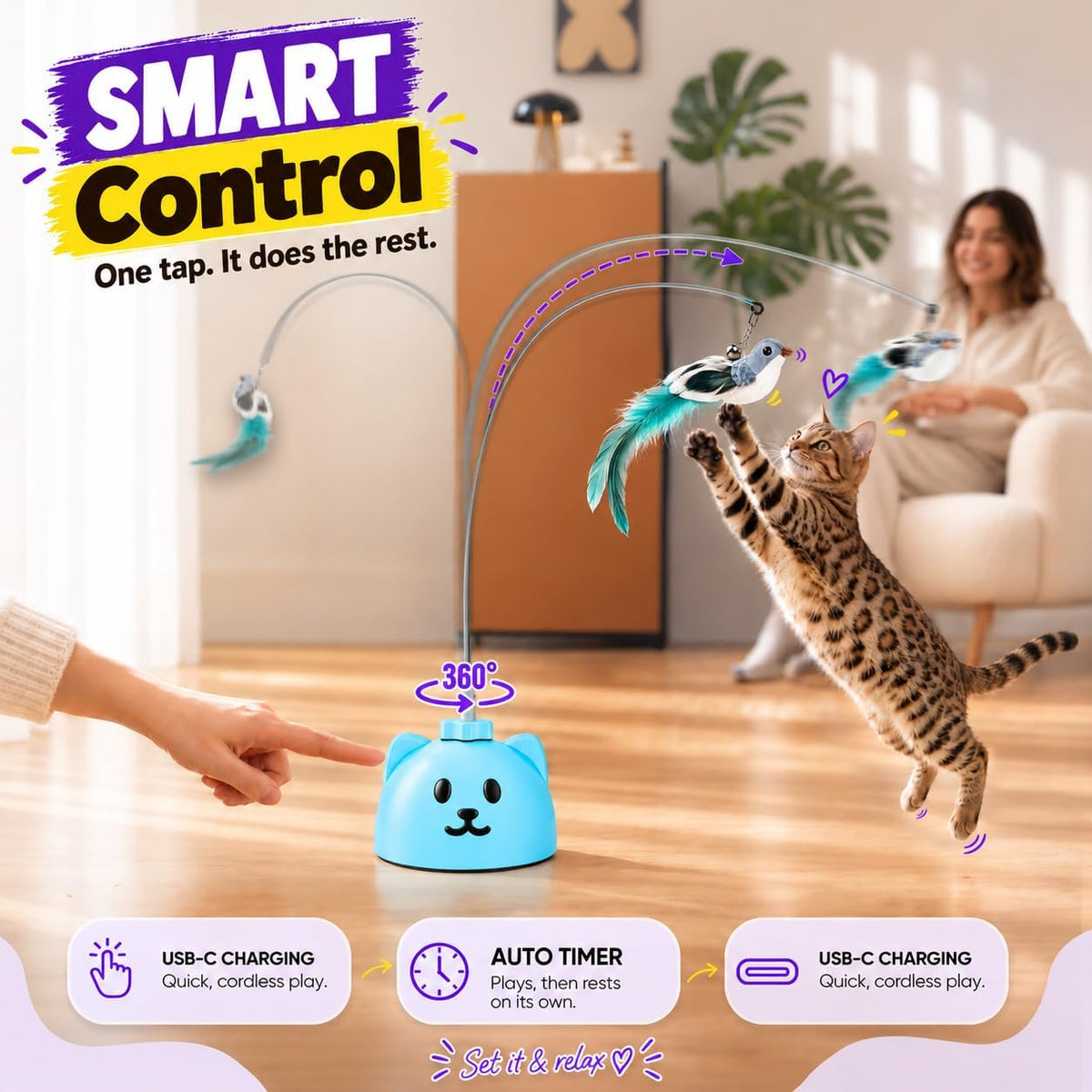 Interactive Cat Toys for Indoor Cats, 360° Automatic Spin Flying Bird Wand
