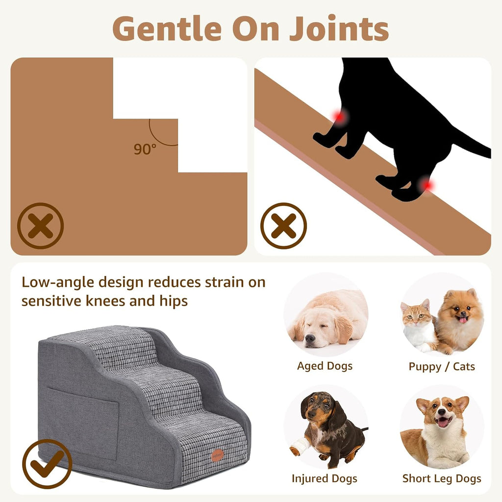 Woochpet 3-Tier Dog Stairs for Beds Foam Ramp Stairs for Couch Dark Grey