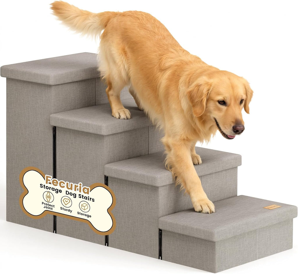 4-Step Wide Dog Stairs with Storage 23" H, Non-Slip Sturdy Pet Steps for High Bed Couch Window, Pet Stairs for Small/Medium/Large Old Dogs Cats Up to 220lbs, Cat Dog Steps for Car, Light Grey