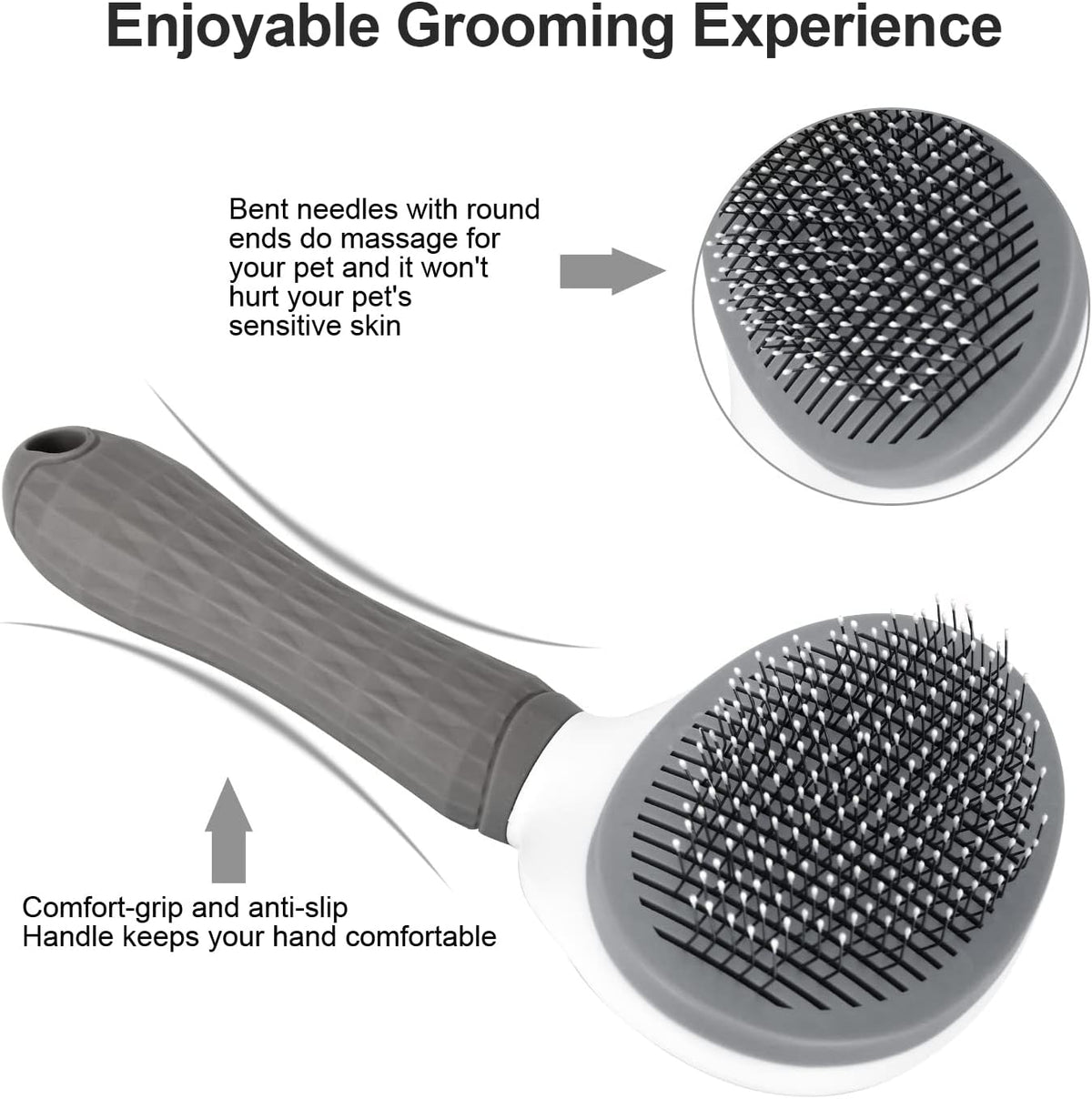 Depets Cat Brush for Shedding, Skin Friendly Self-Clean Dog Slicker Brush | Removes Loose Undercoat, for Dogs Cats Rabbits Long & Short Hair, Pet Grooming Tool with Rounded Tips, Ergonomic Handle, Gray