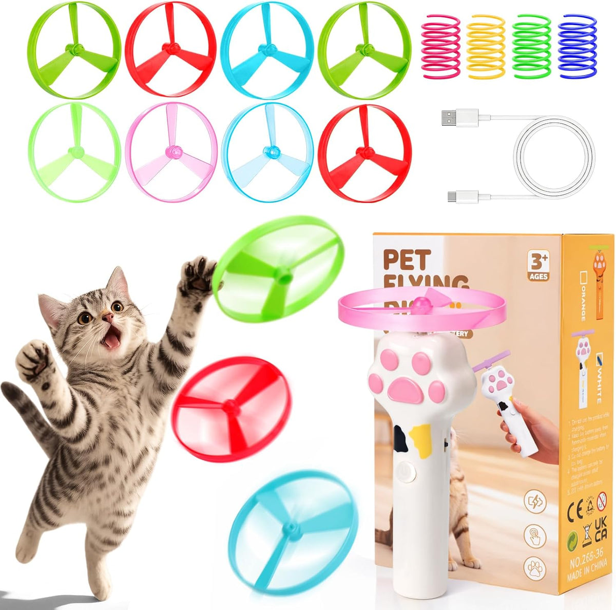 BABORUI Cat Toy Disc Launcher, Rechargeable Interactive Cat Fetch Toy Launcher with 8 Flying Discs, Flying Enrichment Toys for Indoor Bored Kittens & Adult Cats (White)