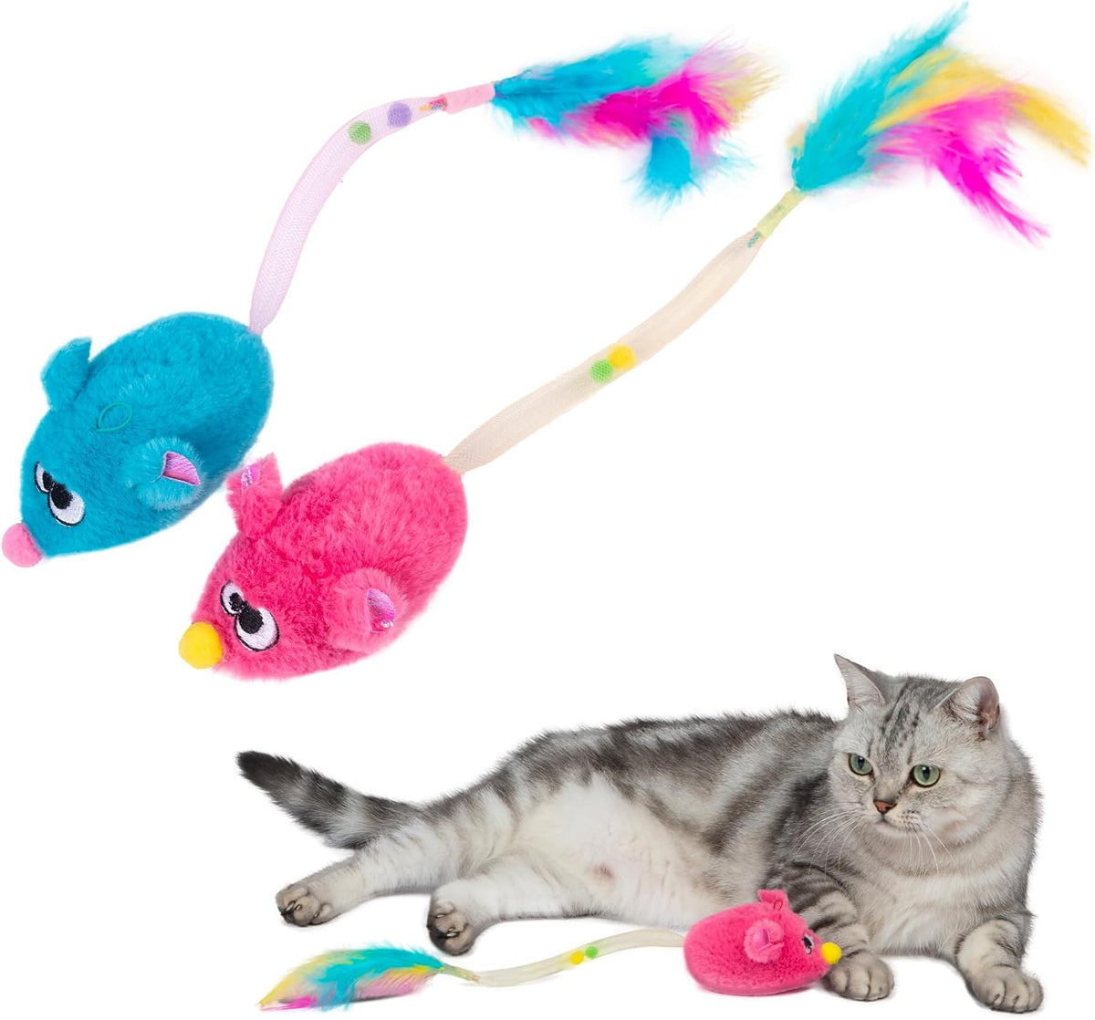 Catify Interactive Cat Toy - Squeaking Mice Set, Blue & Fuchsia