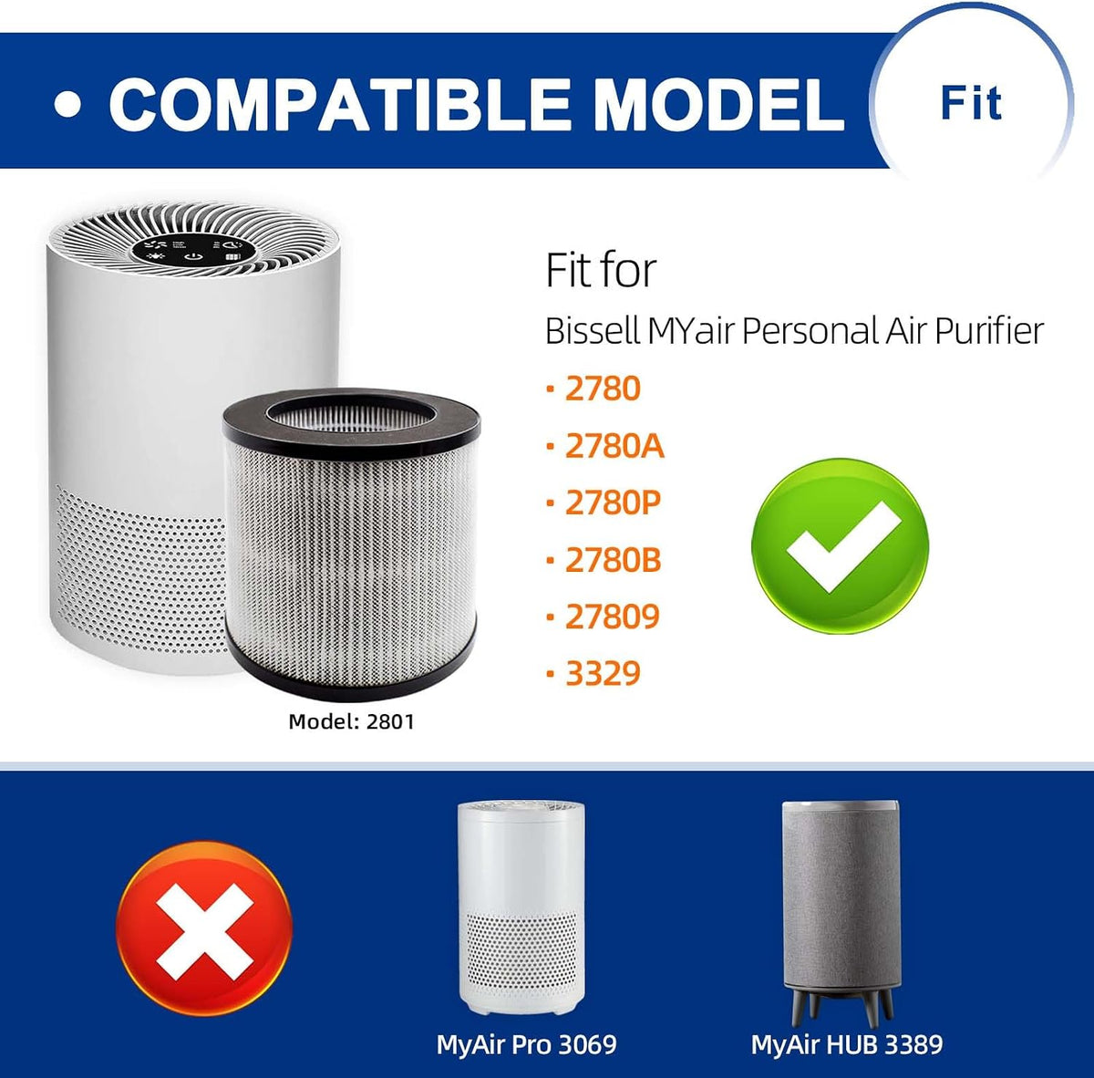 2801 Replacement Filter Compatible with Bissell MYair Personal Air Purifier 2780 2780A 2780B 2780P and 27809 - Compare to My Air Part 2801, High Efficiency Activated Carbon Filters (2 Pack)