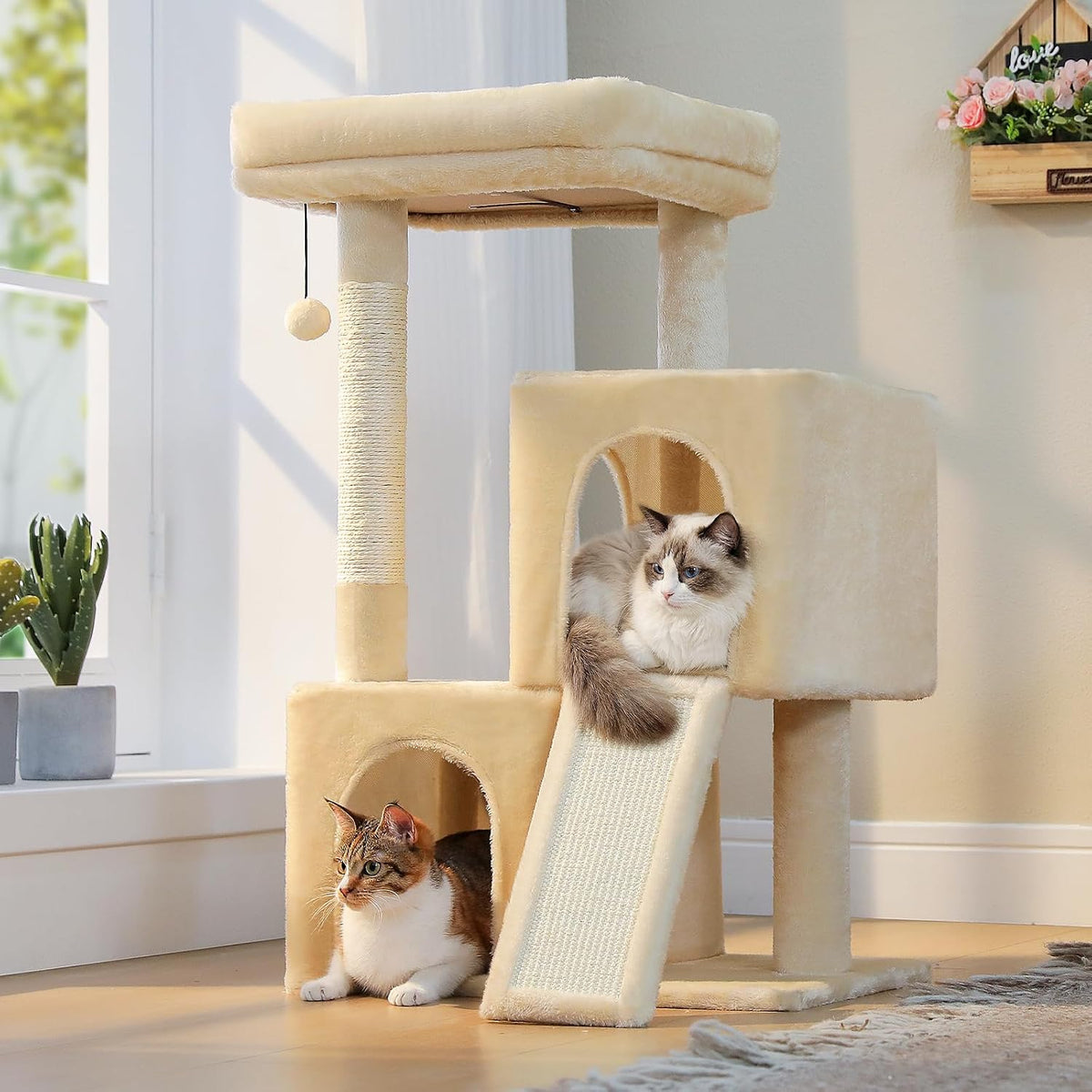 PAWZ Road Cat Tree, 35" Cat Tower with Dual Condos for Indoor Cats, Beige