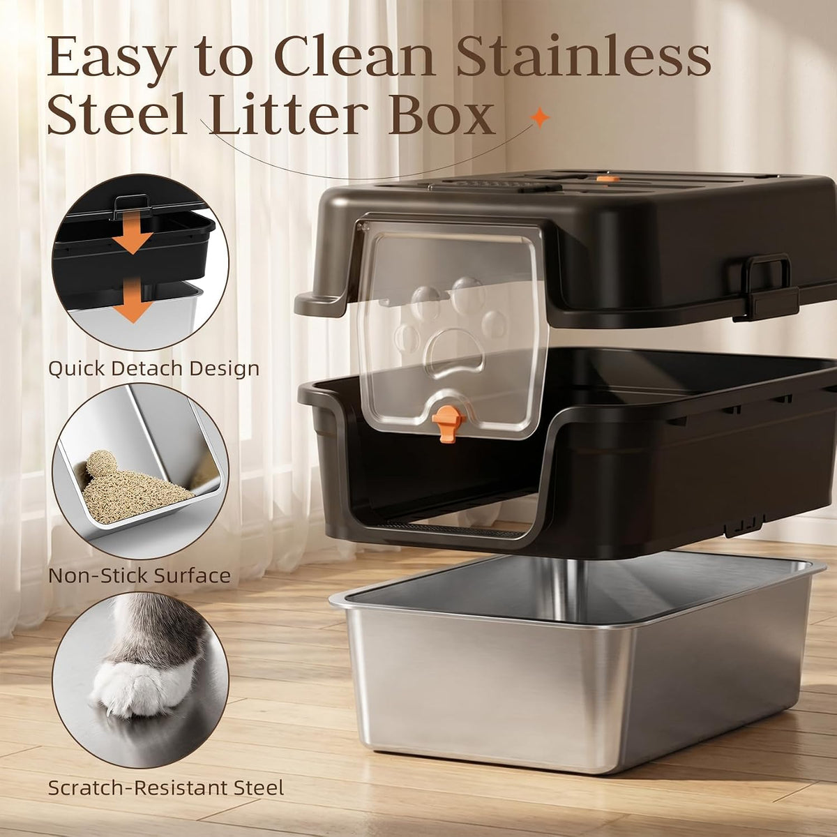 Jotesnew 2 Pack XL Enclosed Stainless Steel Litter Box with Lid, Black