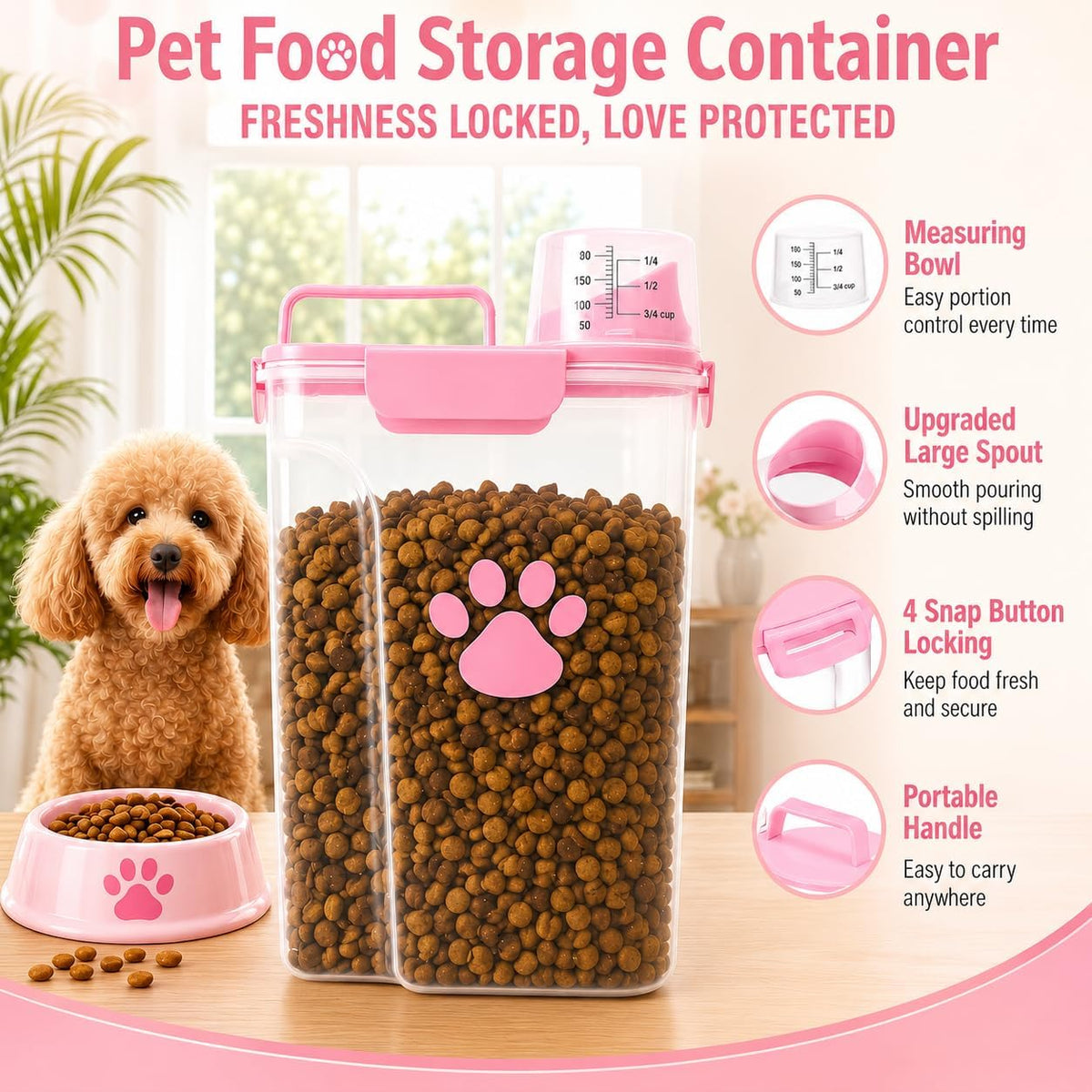 5-7Lbs Airtight Dog Cat Food Storage Container with cleaning brush,Measuring Cup,4 Snap Seals,Portable Pet Food Containers with Upgraded Large Nozzle for Dogs,Cats,Birds,Small Animals(Large-Pink)