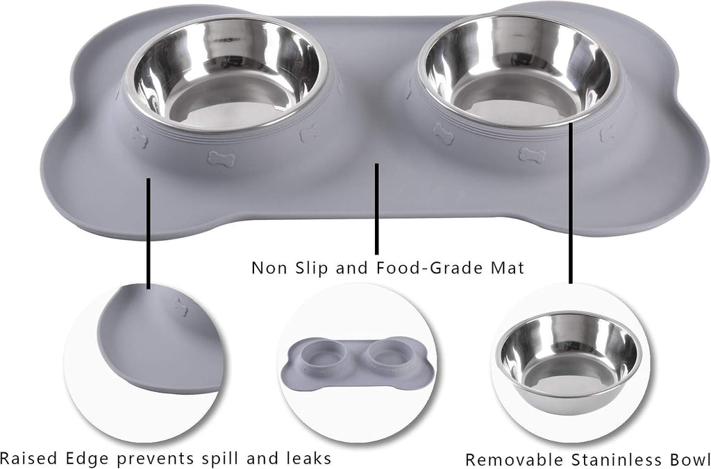 Hubulk Pet Dog Bowls 2 Stainless Steel Dog Bowl with No Spill Non-Skid Silicone Mat + Pet Food Scoop Water and Food Feeder Bowls for Feeding Small Medium Large Dogs Cats Puppies (Medium, Gray) 