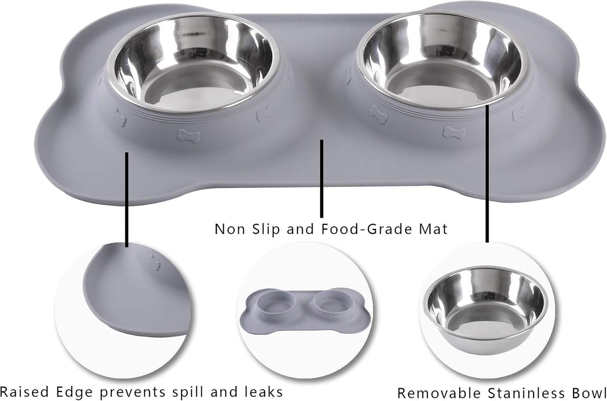 Hubulk Pet Dog Bowls 2 Stainless Steel Dog Bowl with No Spill Non-Skid Silicone Mat + Pet Food Scoop Water and Food Feeder Bowls for Feeding Small Medium Large Dogs Cats Puppies (Medium, Gray) 