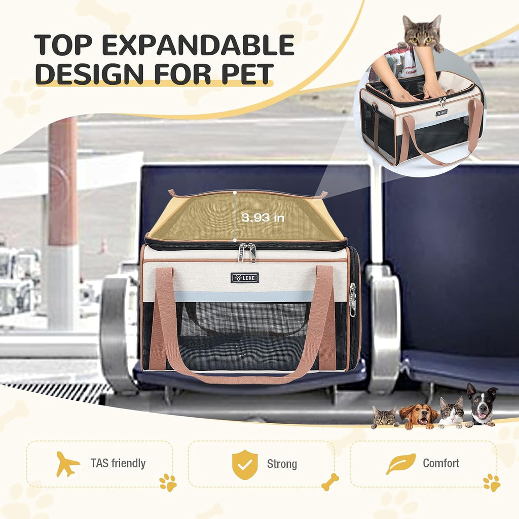 Lekereise Top-Expandable Pet Carrier 18x11x11Inch Delta American United Airline Approved Soft Sided Underseat to 15lbs Travel Carriers for Small Dogs Cats with Locking Safety Zippers Anti-Scratch Mesh