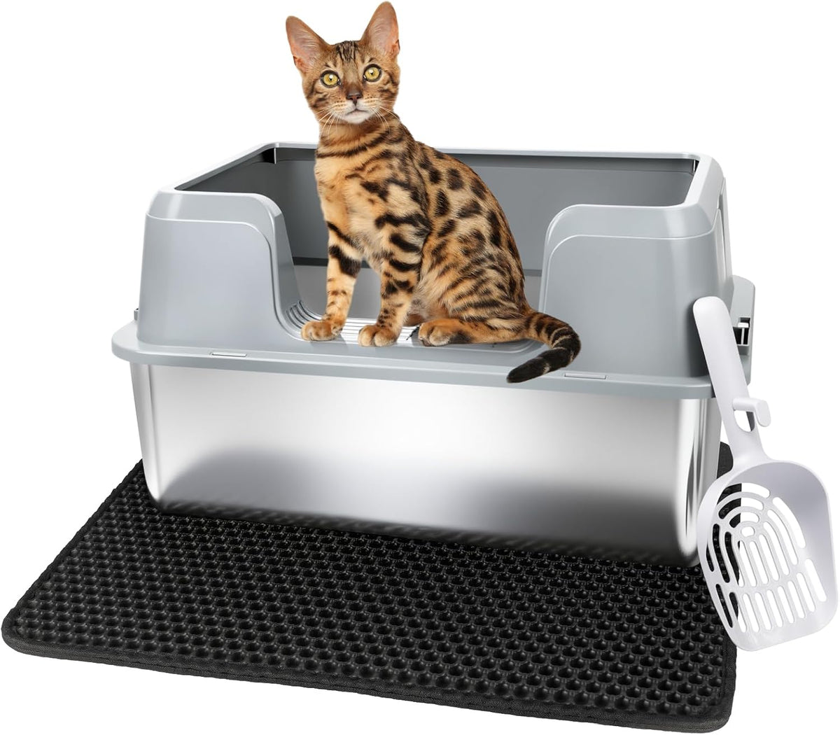 Vivifying Stainless Steel Cat Litter Box, Large Semi-Enclosed Litter Box with Lid and Mat, Anti-Leakage Metal Pan for Easy Cleaning & Odor Control (Gray)