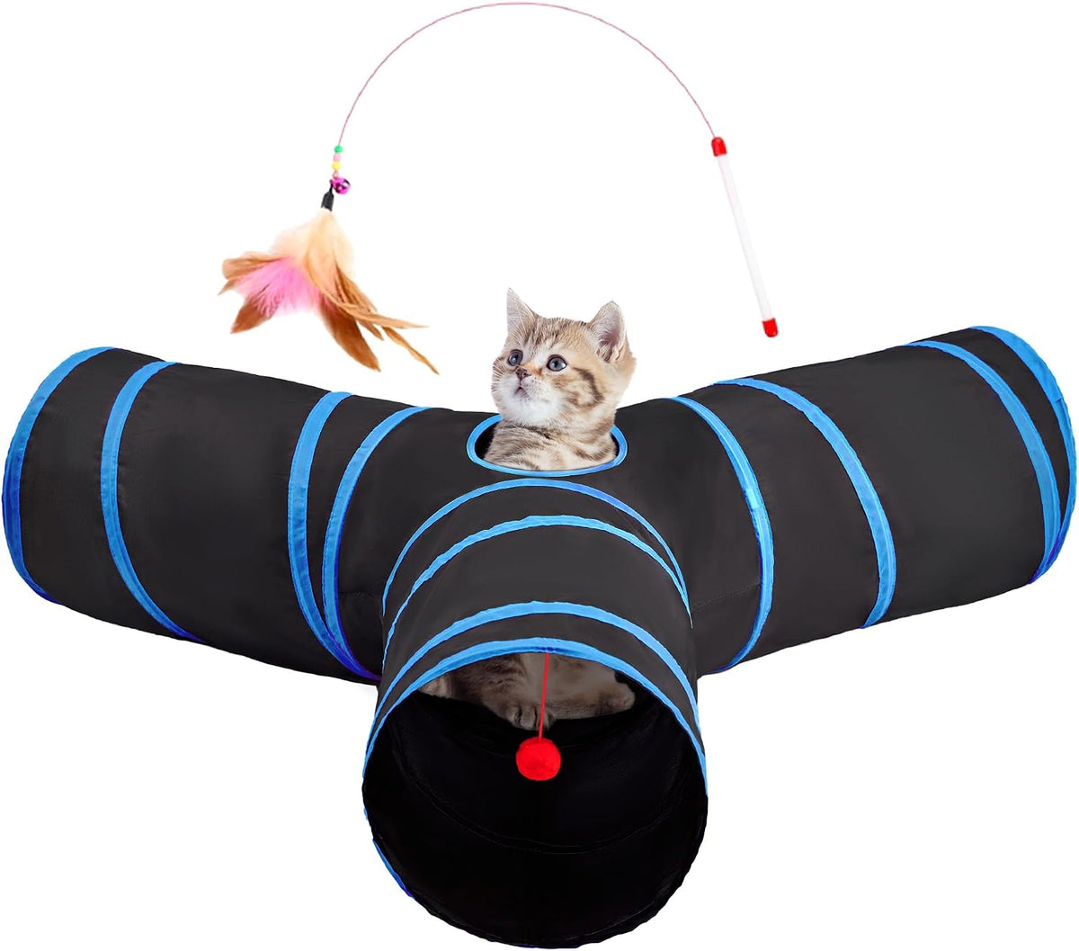Tempcore Cat Tunnel, 3-Way Collapsible Toy, Large Size Black & Royal Blue | Large Size 3-Way Cat Tunnel Provides More Room for Cats to Run, Hide and Chase, with Peek Holes, Hanging Ball and Teaser Wand
