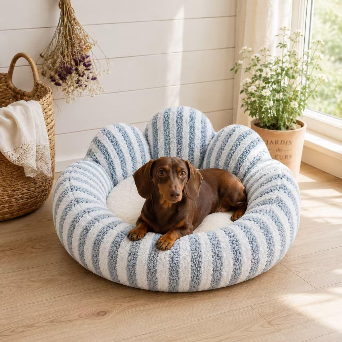 Small Dog Bed, Flower-Shaped Calming Cat Bed, 27 in, Light Blue