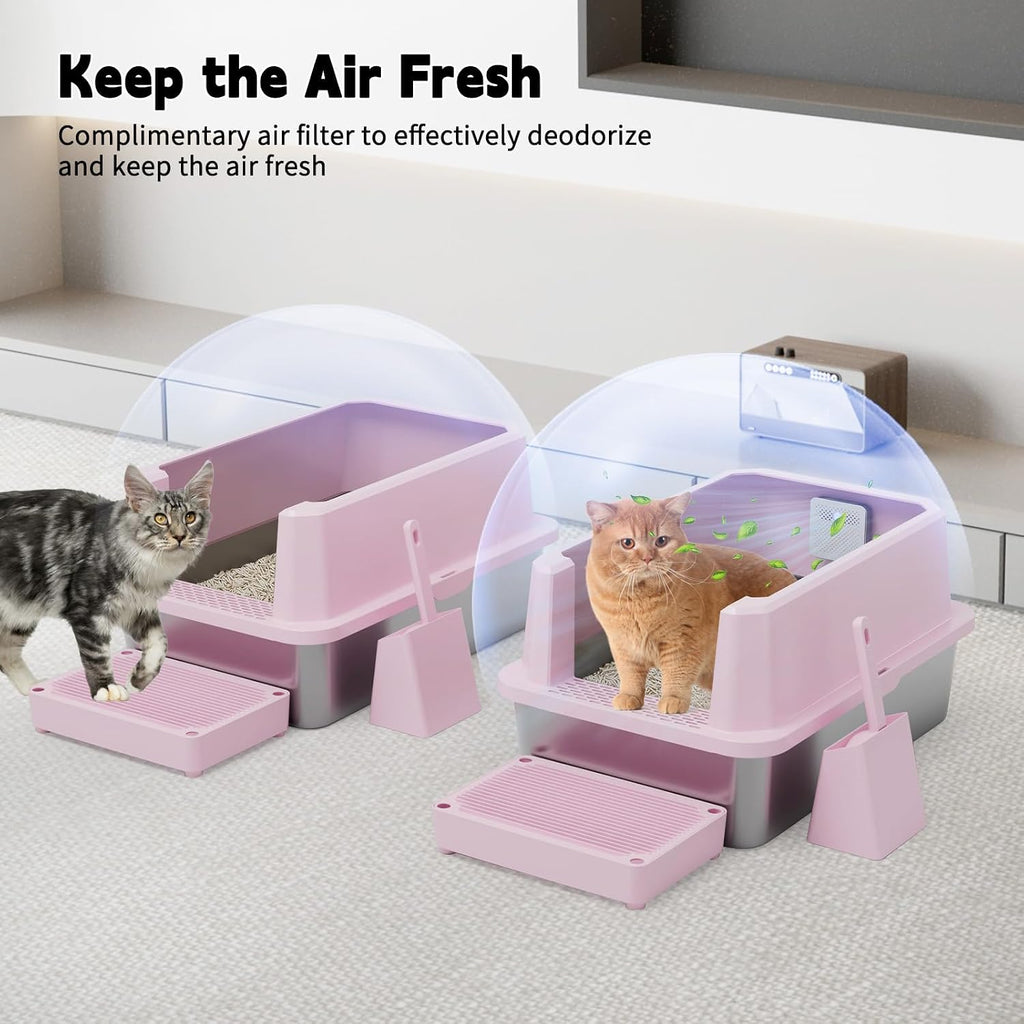 RIZZARI High-Sided Large Cat Litter Box: 2-Pack for Multi-Cat Use | 304 Steel Odor-Resistant Tray / 6.5" High Splash Guard / Dual Anti-Tracking / Built-In Deodorizer / Spacious for Large Breeds