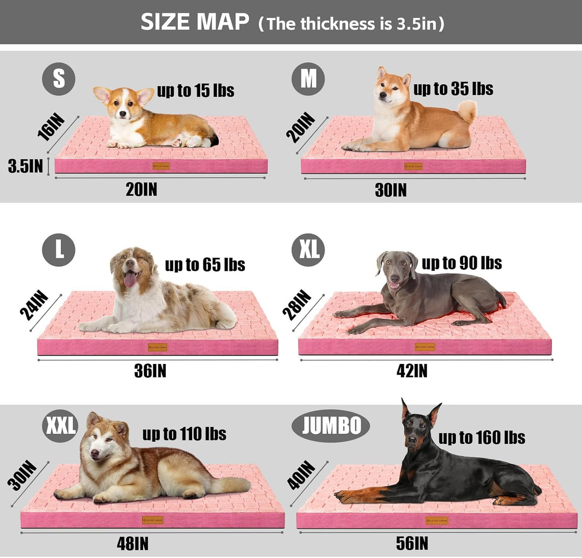 Patas Lague Orthopedic Large Dog Bed Washable Pet Crate Mat 36''X24'' Pink