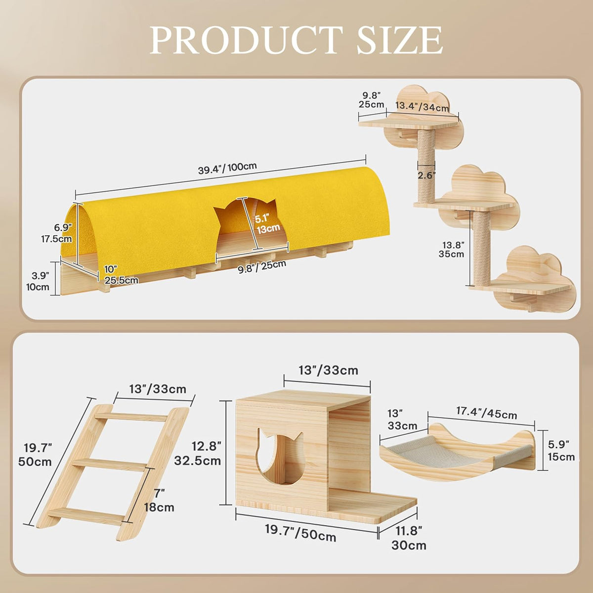 Cat Wall Shelves, 12-in-1 Wood Cat Wall Furniture Set with Tunnel