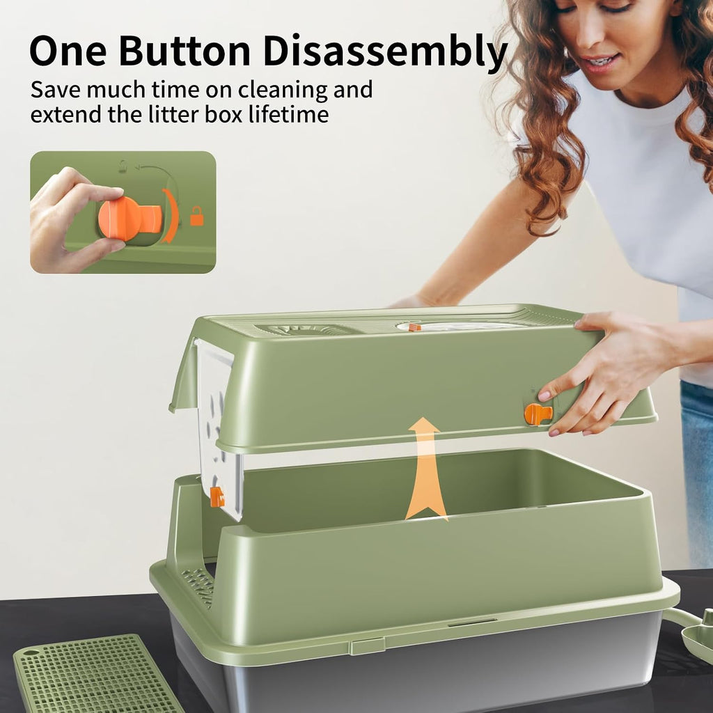 Stainless Steel Cat Litter Box with Lid, Flip-Top XL Large, Green