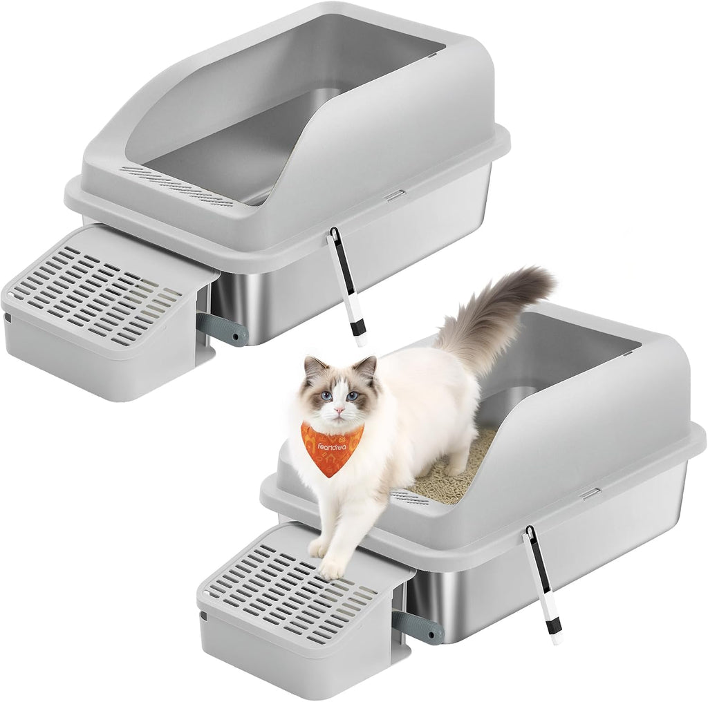 Feandrea 2 Pack Stainless Steel Cat Litter Boxes, for Cats up to 33 lb | High Sided Litter Trays with Open Top, Step, Scoop, Brush, Light Gray, BOXAL Collection UPPT012GD01