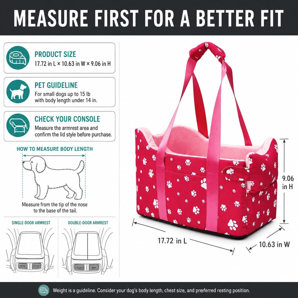 Center Console Dog Car Seat for Small Dogs Under 15 lbs - Detachable Washable Carrier with Safety Belt & Storage Pockets, Pink