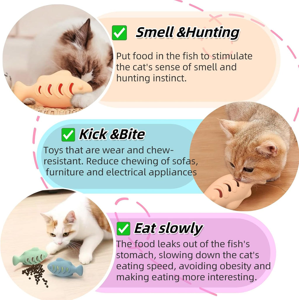 2Packs Silicone Fish Cat Toy with A Bell Ball, Interactive Treat Dispenser and Teething Chewer for Indoor Kittens, Durable Food Puzzle Promotes Mental Stimulation, Reduces Boredom