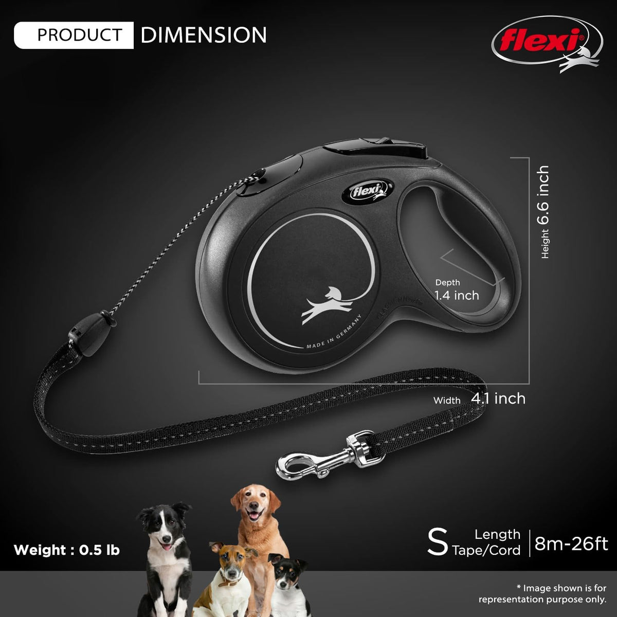 FLEXI® Classic Cord Retractable Dog Leash, Small, 26 ft - Black