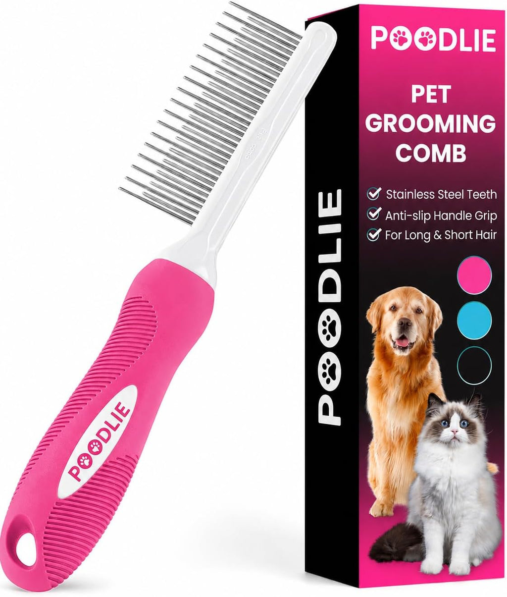 Poodle Pet Detangling Pet Comb with Long & Short Stainless Steel Teeth for Removing Matted Fur, Knots & Tangles – Detangler Tool Accessories for Safe & Gentle DIY Dog & Cat Grooming (Pink)
