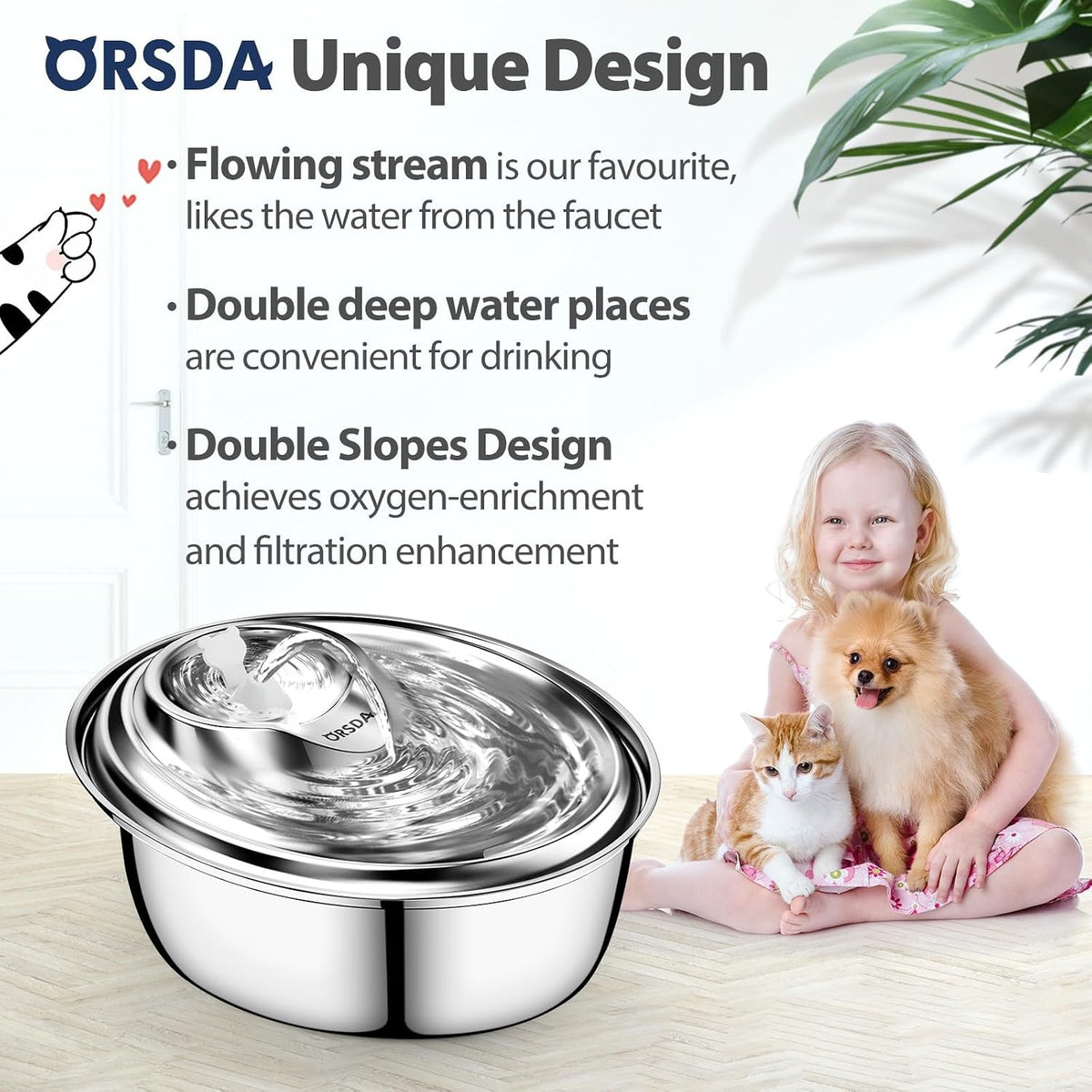 ORSDA Cat Water Fountain Stainless Steel, D60/3L Automatic Pet Drinking Fountain for Cats Inside, Dog Water Dispenser with Adjustable Water Flow and 6 Replacement Filters for Cats, Dogs (D60)