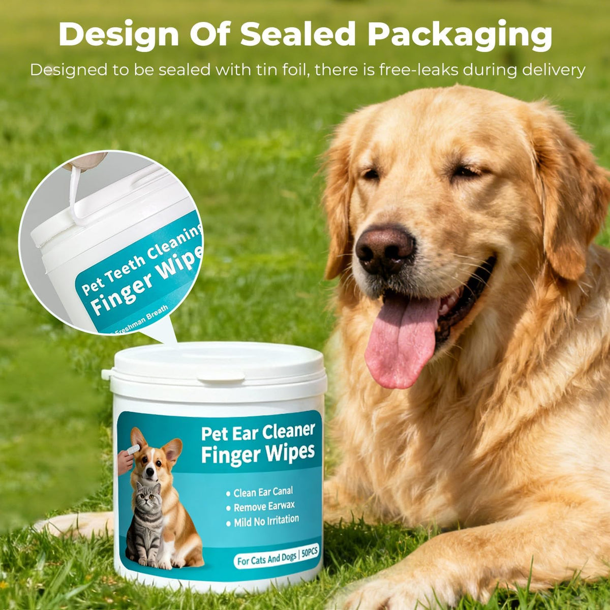 Pet Ear Cleaner Finger Wipes for Dogs, Cats, Alcohol-Free Formula