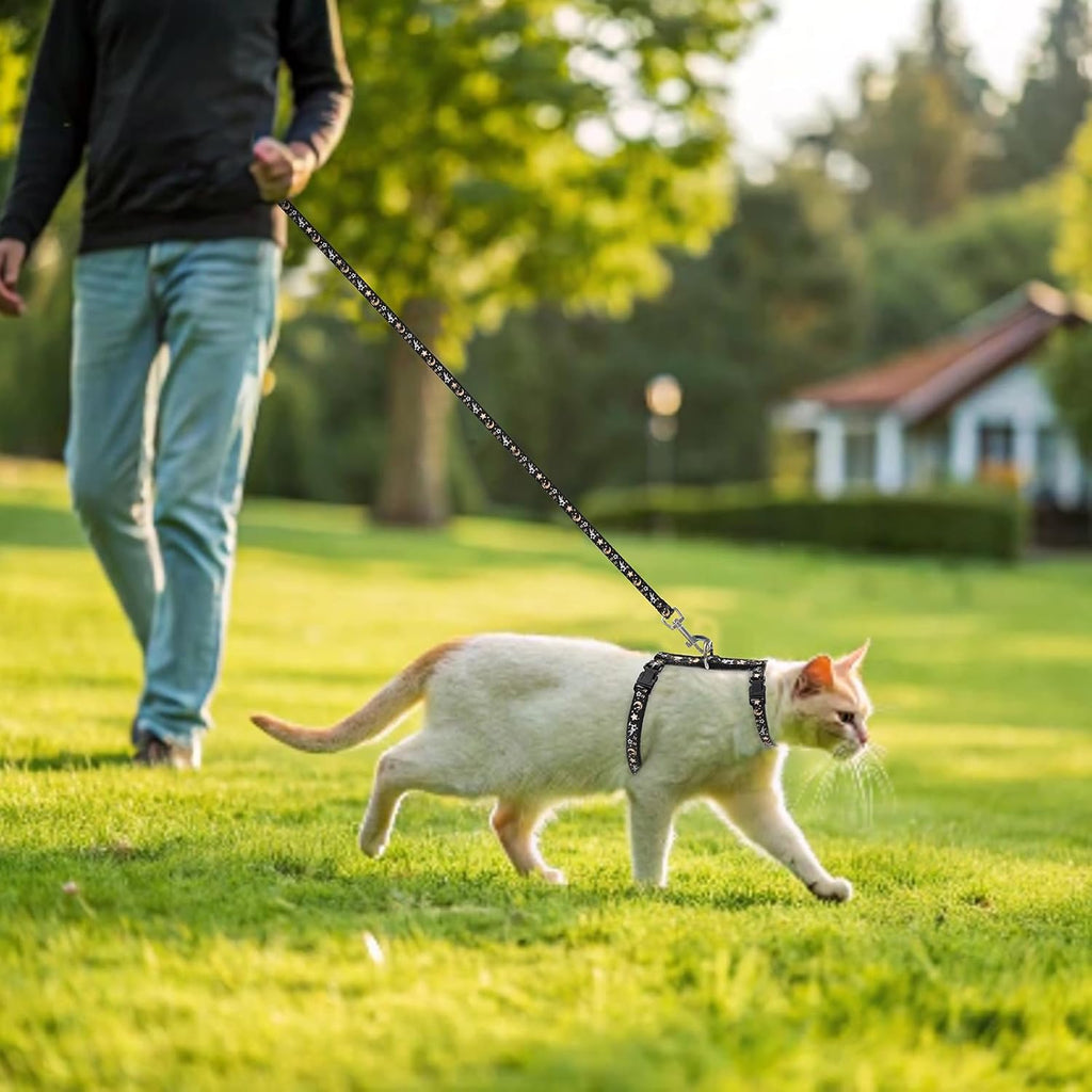 PAWCHIE Cat Harness with Leash and Collar Set - Escape Proof Adjustable H-shped Cat Harness with Star and Moon Pattern Glow in The Dark for Kitty Outdoor Walking