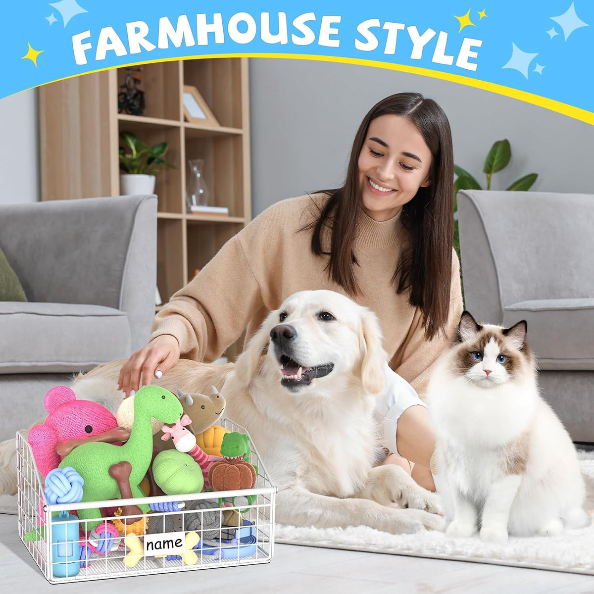 Kaiferty Indestructible Dog Toy basket, Small Toy Box for Dogs, Pet Toy Bin Dog Metal Basket for Toys, Dog Toy Storage, Dog Storage Organizer, Cat Dog Toy Box for Living Room Area (White)