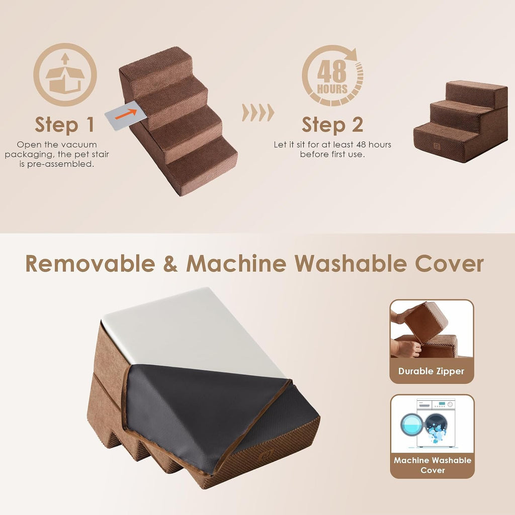 EHEYCIGA Dog Stairs for Small Dogs 13.5" H, 3-Step Dog Steps for Cats, Brown