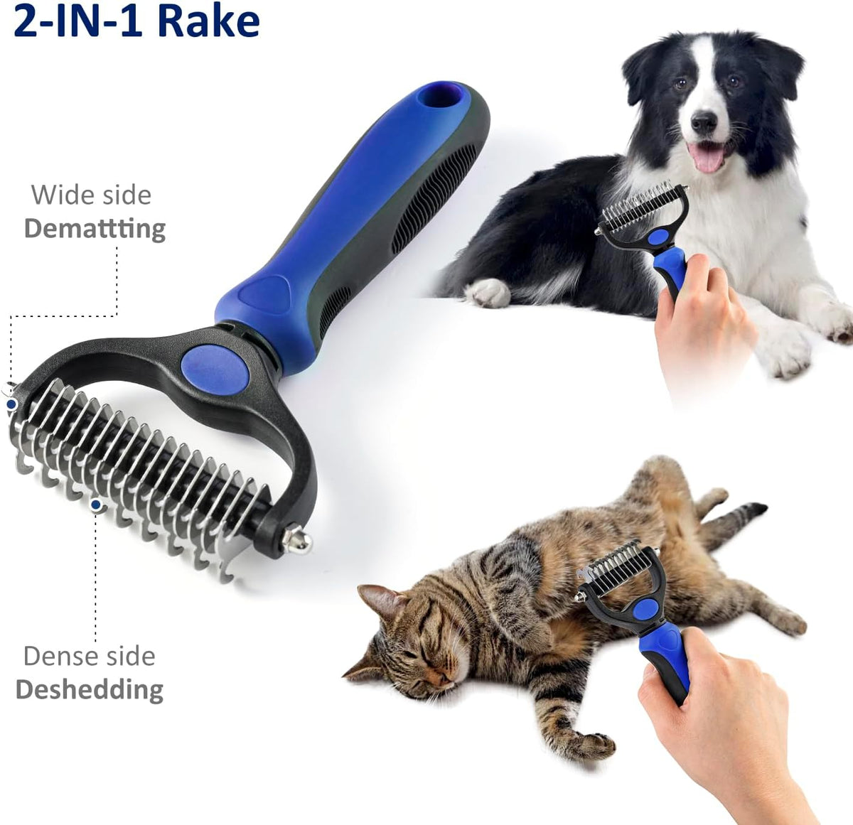 WePet Grooming Rake for Dogs & Cats, Double-Sided Deshedding Brush, Extra-Wide Dematting Tool, Slicker Comb for Undercoat & Loose Hair Removal, Reduces Shedding by 95%, Blue, Large
