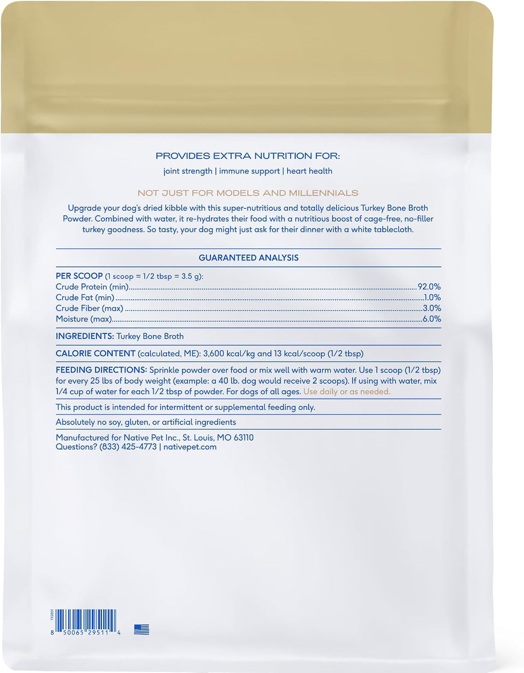 Native Pet Bone Broth for Dogs and Cats - Turkey Bone Broth Powder Dog Food Toppers for Picky Eaters - Provides Extra Nutrition for Joint Strength, Immune Support & Heart Health - 192 Scoops