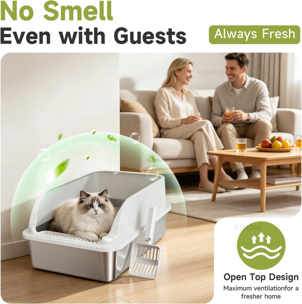 Stainless Steel Cat Litter Box with Lid, XL Metal High Sided Litter Box | Odor Free Open Top Litter Pan Easy Cleaning Anti-Urine Leakage Non-Stick Includes Scoop Light Grey