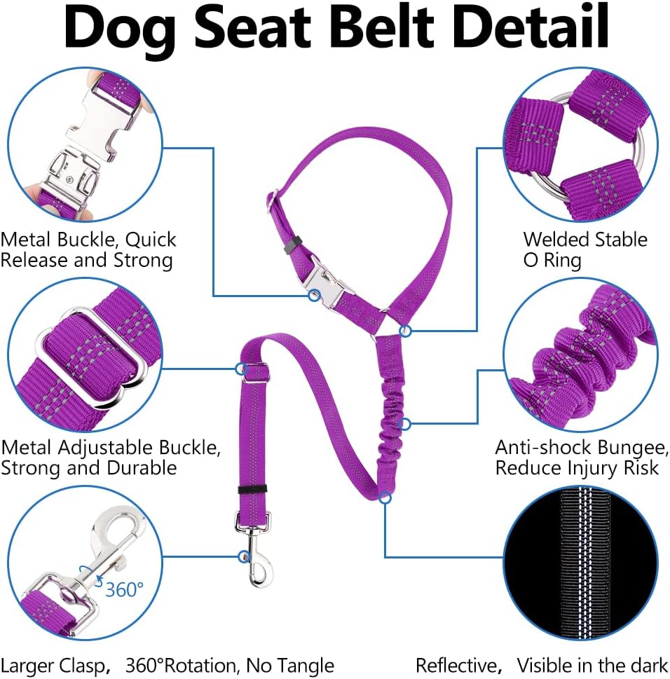 Plutus Pet Dog Seat Belt for Car Headrest, Reflective with Elastic Bungee