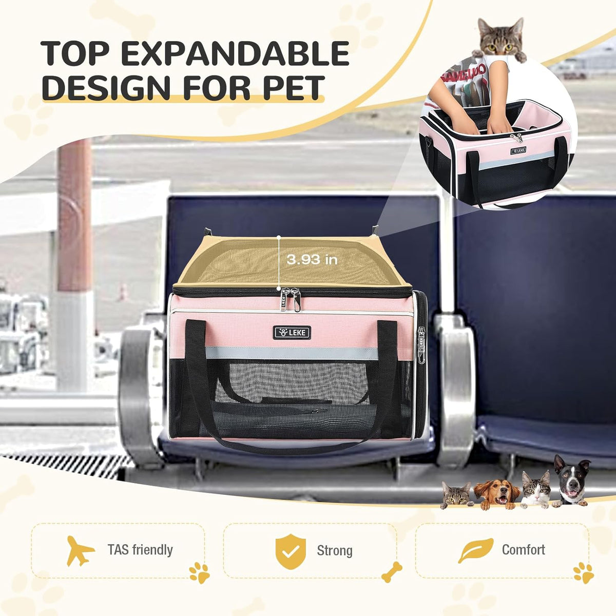 Lekereise Top-Expandable Pet Carrier 17x11x9.5 Inch Alaska Hawaiian Airline Approved Soft Sided Underseat to 12lbs Travel Carriers for Small Dogs and Cats with Locking Safety Zippers Anti-Scratch Mesh