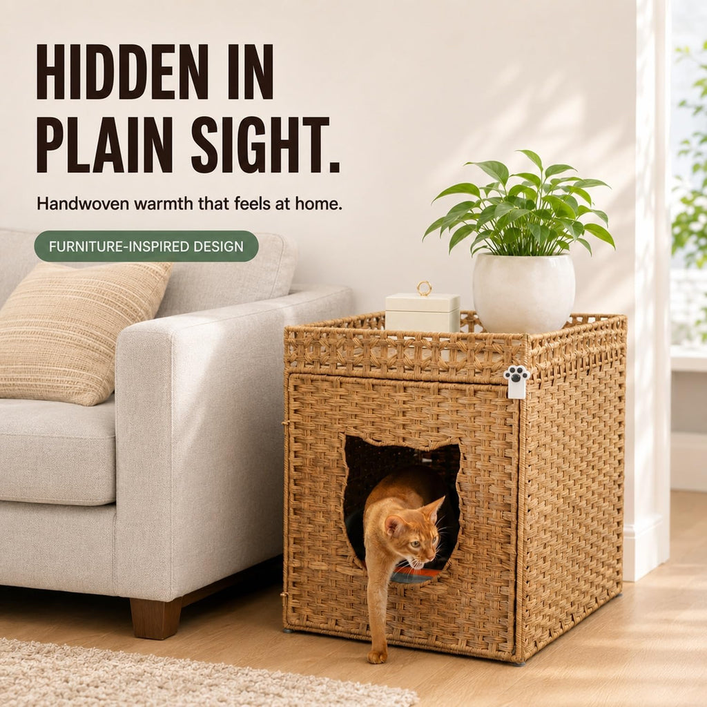 Handwoven Rattan Cat Litter Box Enclosure for Large Litter Boxes, 24.5-Inch Deep Hidden Cat Washroom Furniture with Litter Mat & 2 S-Hooks, Natural