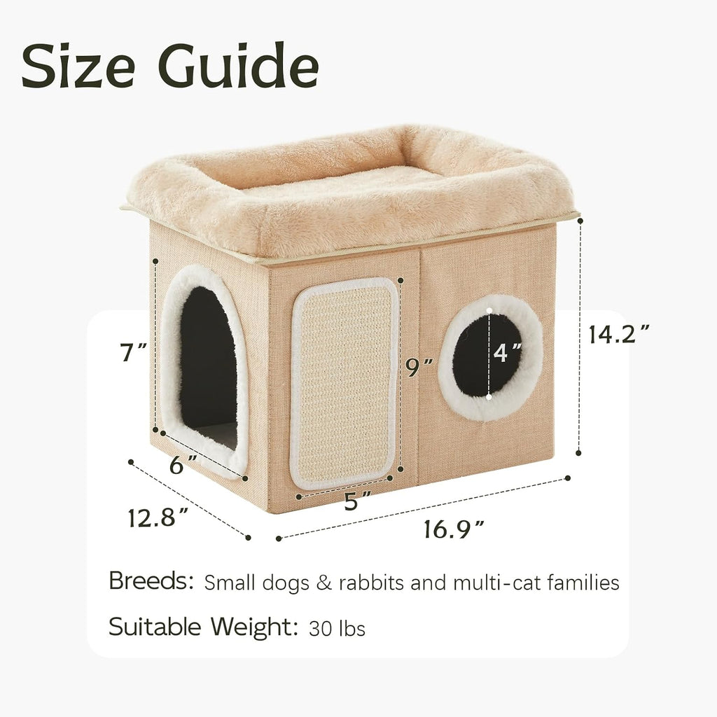 WINDRACING Cat Beds for Indoor Cats - Cat House for Pet and Foldable Cat Cave Bed with Scratch Pad, Cat Hideaway Condo for Kitten, 16.9x12.8x14.2 inches, Beige