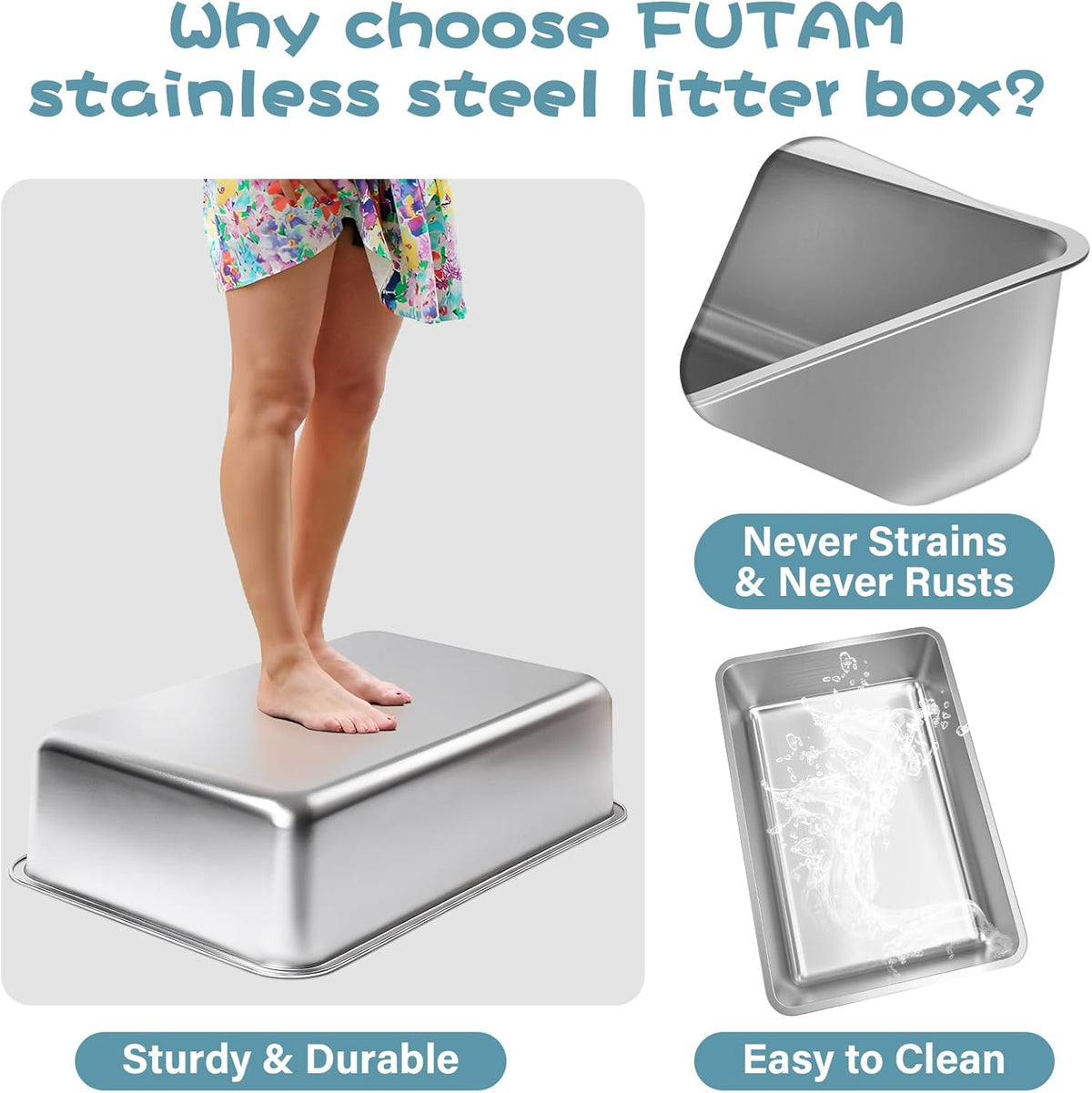 Stainless Steel Litter Box, Large Metal Litter Box for Kitty/Cat | 19.7"x13.7"x6" Easy to Clean, Non Stick Litterbox No Smell for Adult Cats