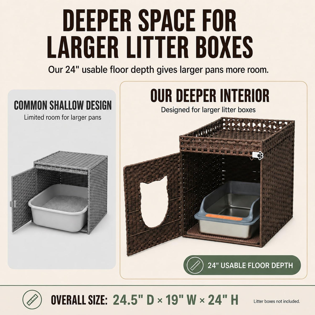 Handwoven Rattan Cat Litter Box Enclosure for Large Litter Boxes, Hidden Cat House Furniture with Fitted Litter Mat and 2 S-Hooks, 24.5" D x 19" W x 24" H, Brown