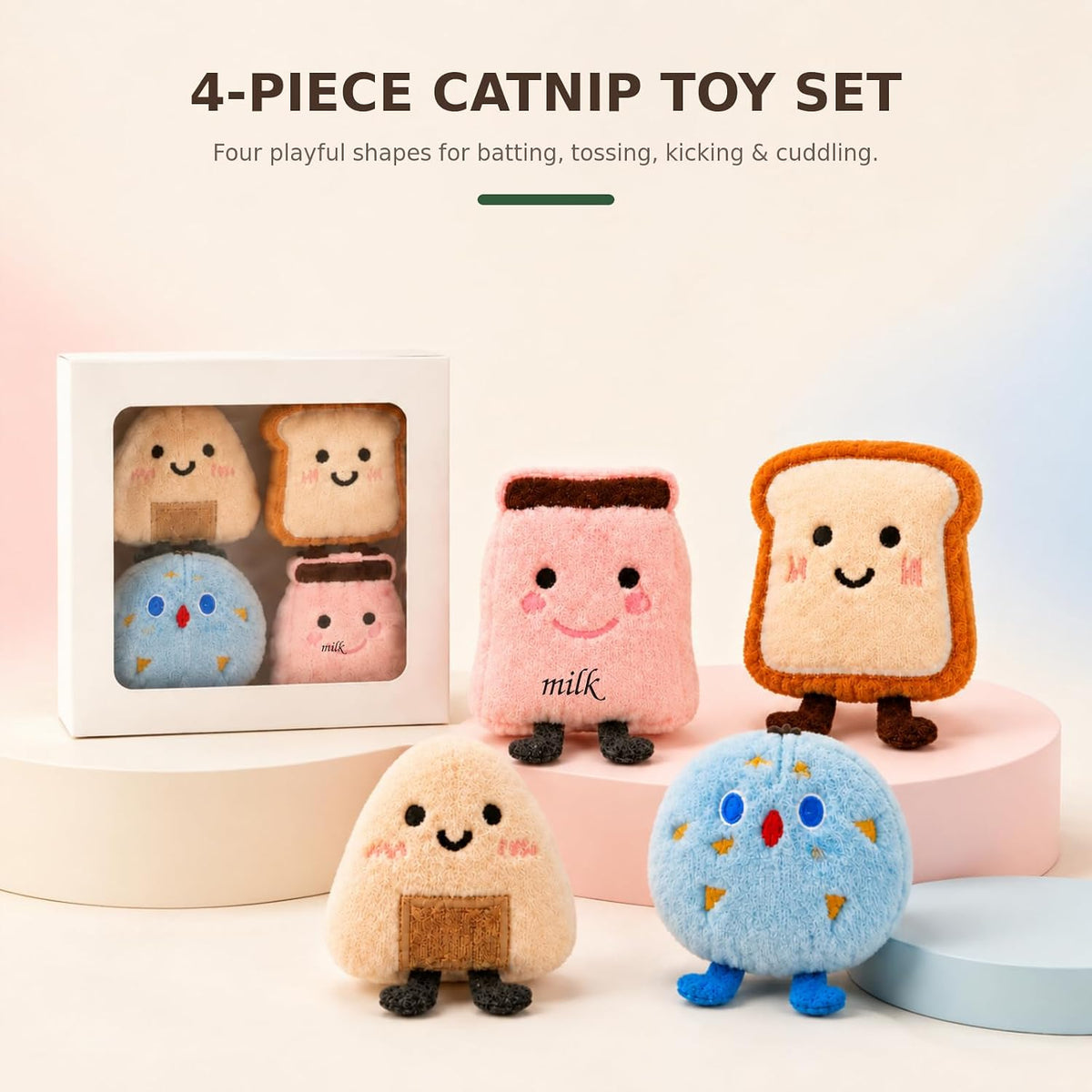 Catnip Toys for Cats, Cat Toys for Indoor Cats, 4 Pack Interactive Plush Food-Shaped Kicker Set with Jingle Bells for Kittens, Batting and Bunny Kick Play, Toast, Milk Carton, Rice Ball and Cookie